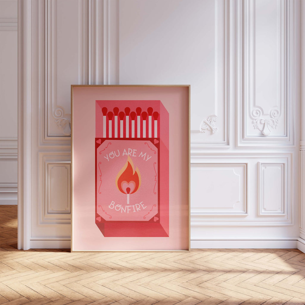 Streichholz Poster · You Are My Bonfire · Liebe Illustration · Vintage Ästhetik · Rotes Design · Print ohne Rahmen