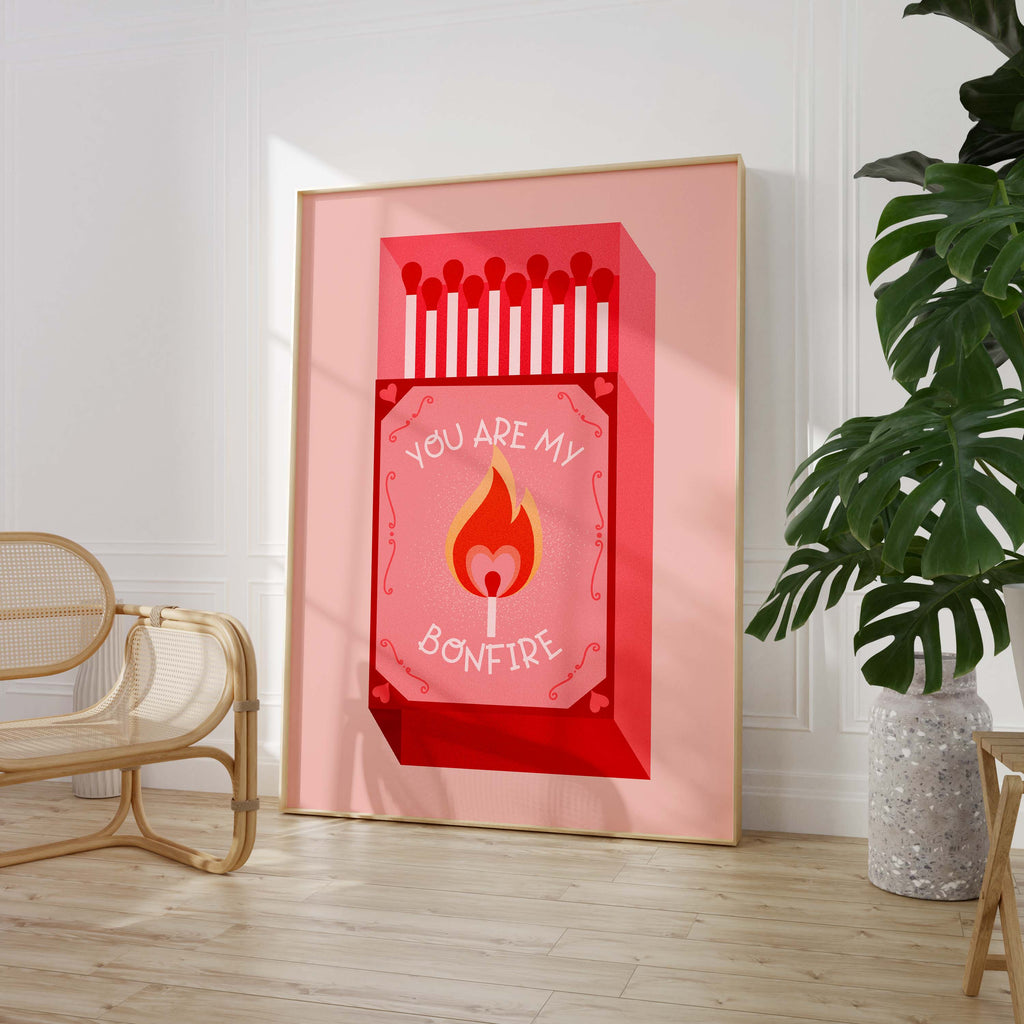 Streichholz Poster · You Are My Bonfire · Liebe Illustration · Vintage Ästhetik · Rotes Design · Print ohne Rahmen