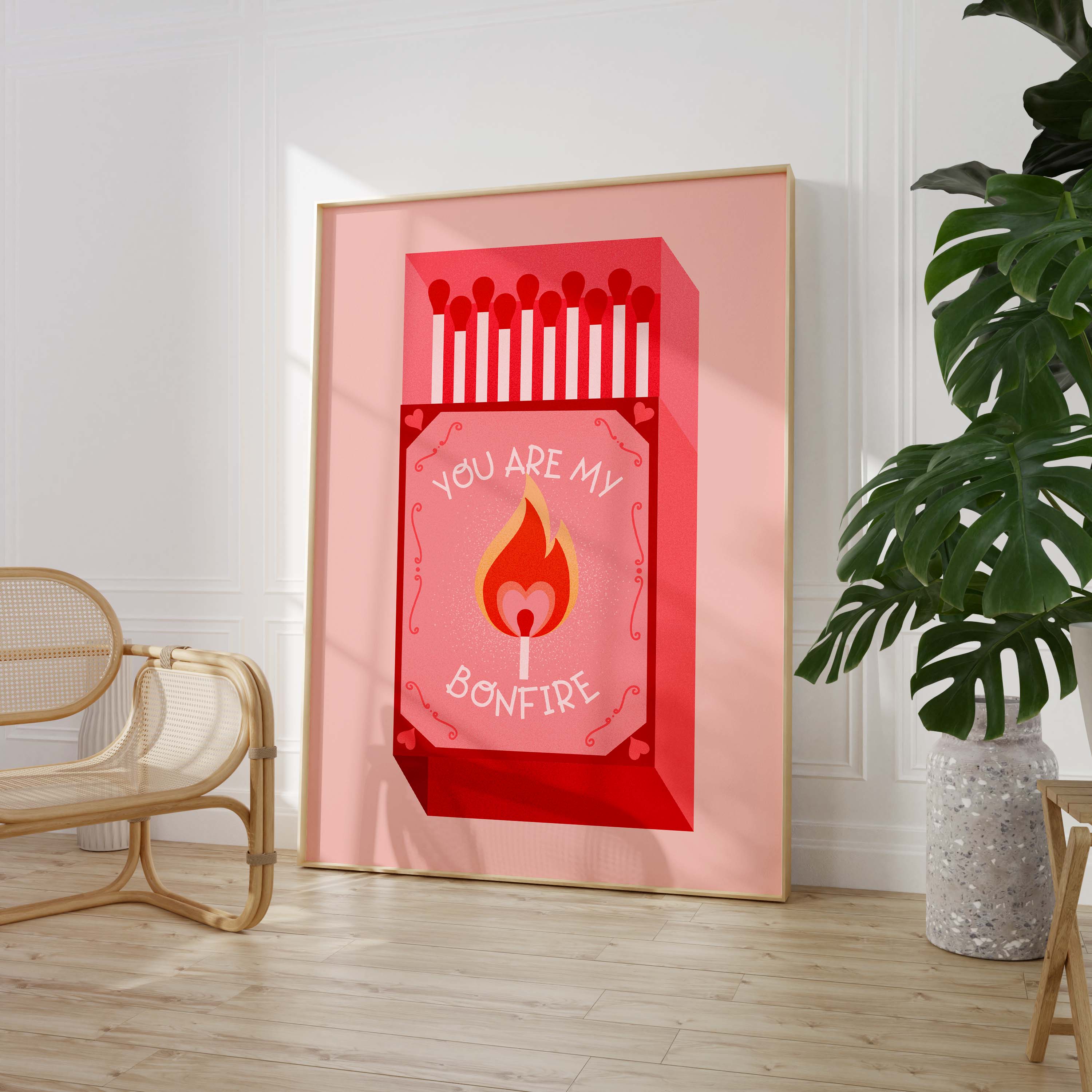 Streichholz Poster · You Are My Bonfire · Liebe Illustration · Vintage Ästhetik · Rotes Design · Print ohne Rahmen