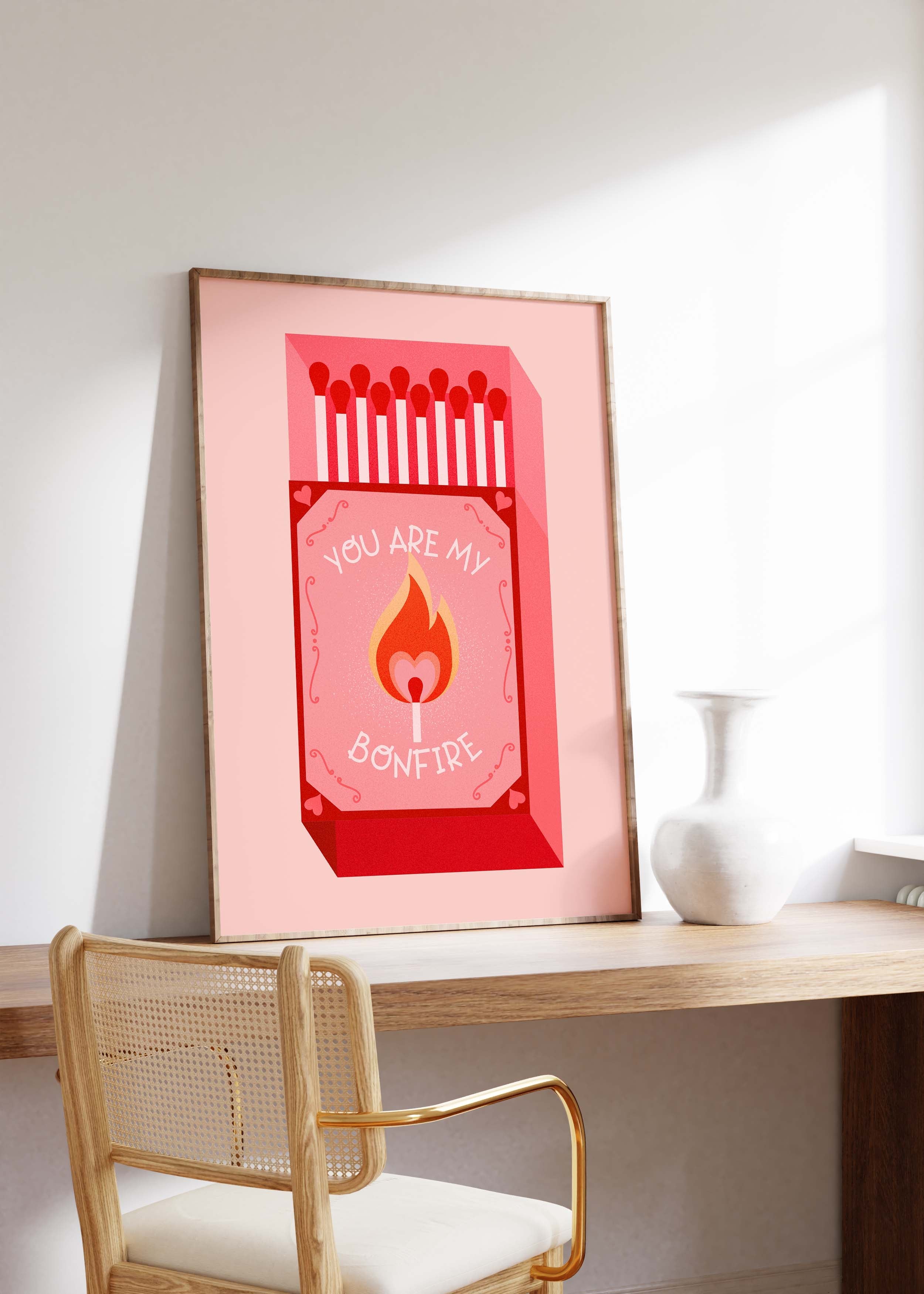 Streichholz Poster · You Are My Bonfire · Liebe Illustration · Vintage Ästhetik · Rotes Design · Print ohne Rahmen
